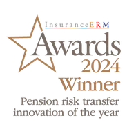Star-shaped graphic prominently features the text "InsuranceERM Awards 2024 Winner" with a subtitle "Pension risk transfer innovation of the year," indicating a recognition in the insurance sector.
