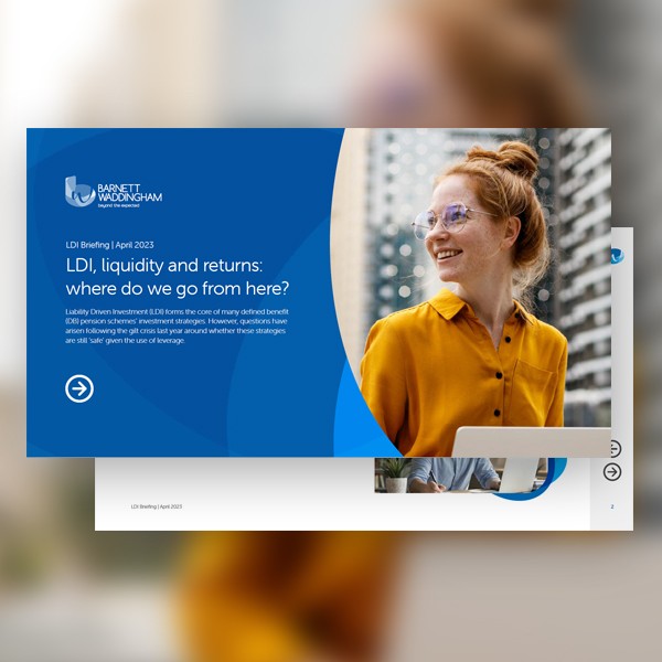 A presentation slide titled "LDI, liquidity and returns: where do we go from here?" features a smiling woman in a yellow shirt, seated with a laptop, in a bright office setting.