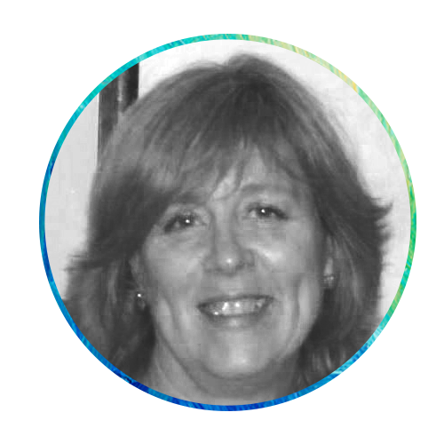 A circular black-and-white portrait of a woman with shoulder-length hair, smiling. The background features a colorful textured design with shades of blue and green, creating a vibrant contrast.