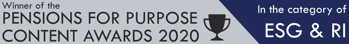 Winner of the PENSIONS FOR PURPOSE CONTENT AWARDS 2020 in the category of ESG & RI. The text is displayed in a modern, professional design with contrasting colors.
