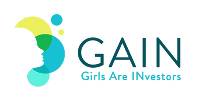 A colorful logo features abstract shapes resembling a face and circles, with the text "GAIN" prominently displayed above "Girls Are Investors," emphasizing female empowerment in investment.