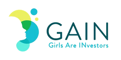 A colorful logo features abstract shapes resembling a face and circles, with the text "GAIN" prominently displayed above "Girls Are Investors," emphasizing female empowerment in investment.