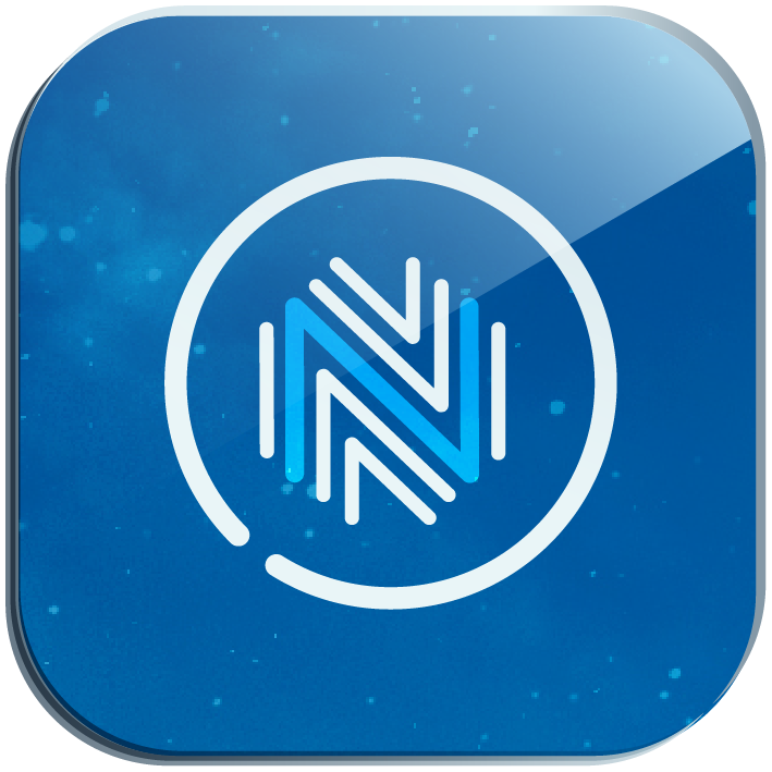 A blue square logo features a stylized, abstract design of interlinked shapes resembling the letter "N," placed inside a circular outline against a textured background.