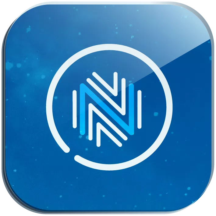 A blue square logo features a stylized, abstract design of interlinked shapes resembling the letter "N," placed inside a circular outline against a textured background.