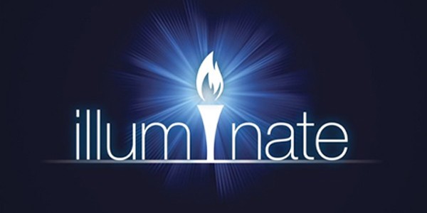 A stylized torch with a flame at the top emits a radiant blue glow, accompanied by the word "illuminate" written in sleek, modern typography below it, set against a dark background.