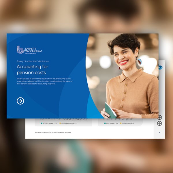 A digital presentation slide features a smiling woman in a beige shirt holding a tablet. The background includes abstract shapes, with text discussing a survey on university pension costs by Barnett Waddingham.