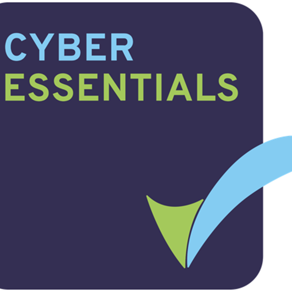 A logo displays "CYBER ESSENTIALS" in bold letters. A checkmark graphic indicates compliance or approval, all set against a dark background, conveying cybersecurity readiness and assurance.