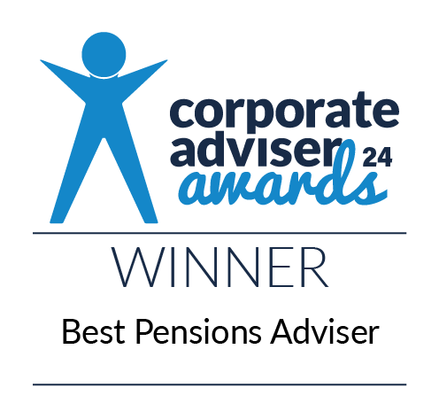A blue figure represents an award's theme. It states "WINNER" and highlights "Best Pensions Adviser" under "corporate adviser awards 24," indicating a recognition in the pensions advisory sector.