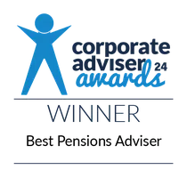 A blue figure represents an award's theme. It states "WINNER" and highlights "Best Pensions Adviser" under "corporate adviser awards 24," indicating a recognition in the pensions advisory sector.