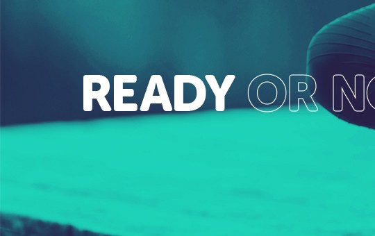 A person is tying their athletic shoes while seated on a wooden surface. The background has a cool blue tint, suggesting an active, motivational atmosphere. Text reads: "READY OR NOT."