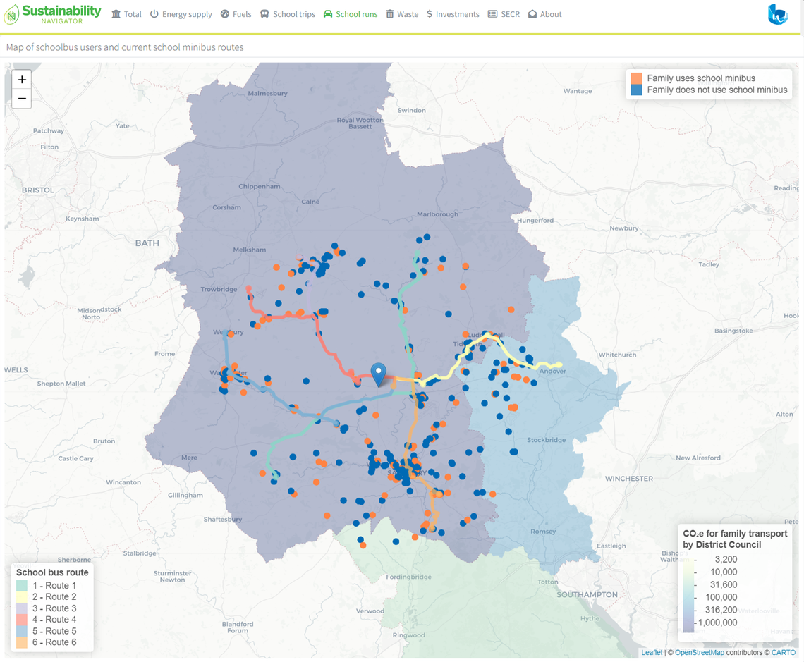 A colored map illustrates school bus routes and user data, with blue and orange dots representing families that do or do not use the school minibus, against a backdrop of geographic features.