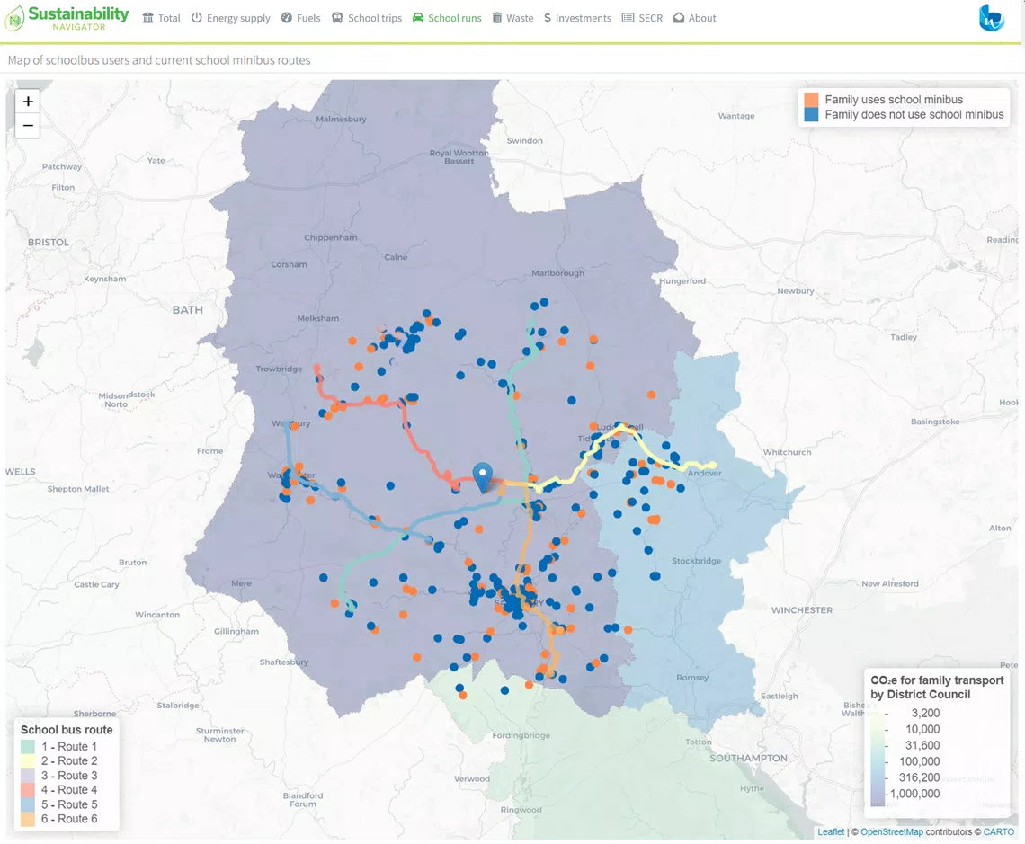 A colored map illustrates school bus routes and user data, with blue and orange dots representing families that do or do not use the school minibus, against a backdrop of geographic features.