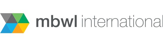 Logo featuring geometric shapes in green, yellow, gray, and blue, positioned alongside the text "mbwl international" in a modern, sans-serif font, set against a white background.