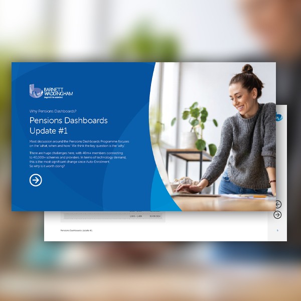 A woman is smiling while working at a table with a laptop, engaging with a presentation titled "Pensions Dashboards Update #1." The setting appears bright and modern.