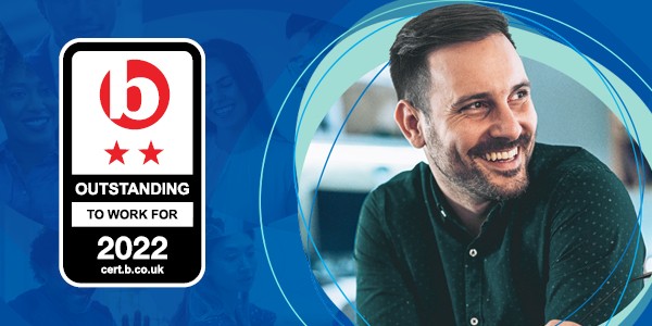 A man with a smile is positioned on the right, surrounded by circular blue graphics. A badge on the left reads “OUTSTANDING TO WORK FOR 2022” with a logo and two stars.