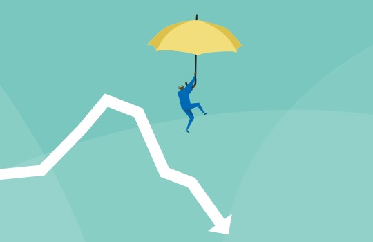 A blue figure hangs from a yellow umbrella, suspended above a descending white line that represents a decline, set against a light teal background with soft shapes.