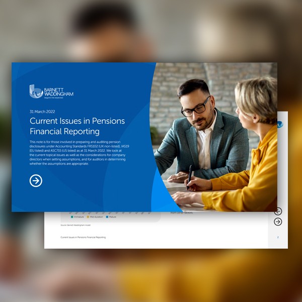 A woman and a man are engaged in a discussion, with the woman taking notes. The setting features a bright interior with a textured wall. A blue presentation slide on pensions financial reporting is visible.