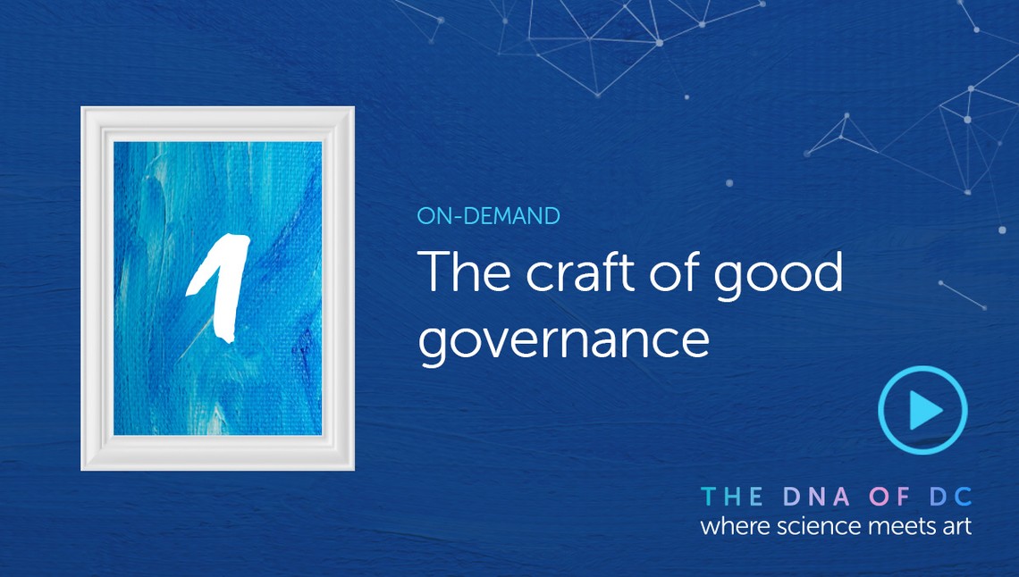 A blue abstract painting in a white frame displays the number "1." Below, the text reads, "ON-DEMAND The craft of good governance." A play button icon is featured nearby.
