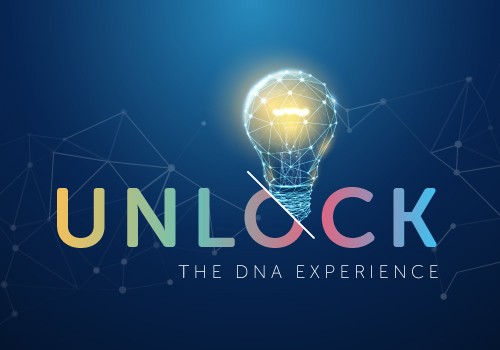 A glowing light bulb with a network-like design illuminates the word "UNLOCK," which is accompanied by the text "THE DNA EXPERIENCE," set against a dark, abstract background.