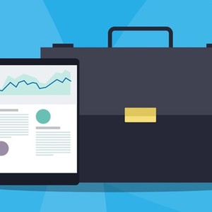 A tablet displays graphs and data, positioned next to a black briefcase. The background features a light blue gradient, suggesting a professional or business context.