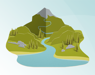 A green, stylized landscape featuring a winding river flowing around hills and trees, with a gray mountain peak in the background against a light blue backdrop.