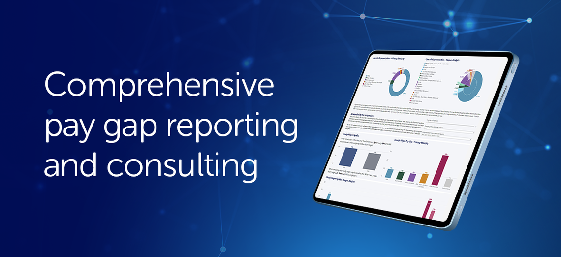 A tablet displays a detailed report on pay gap analysis, featuring colorful charts and graphs, against a blue digital background. Text reads: "Comprehensive pay gap reporting and consulting."