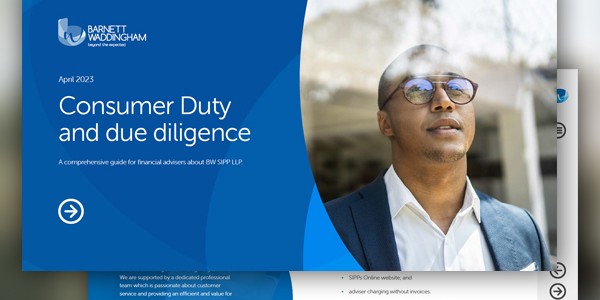 A digital document cover titled "Consumer Duty and due diligence," features a professional man wearing sunglasses, looking thoughtfully outdoors, against a light blue background. Text includes April 2023, and details about BW SIPP LLP.