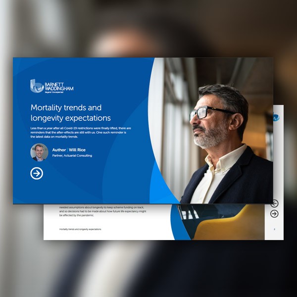 A presentation slide entitled "Mortality trends and longevity expectations" features a man in a suit, looking thoughtfully out a window, with acknowledgments to the author and company below.