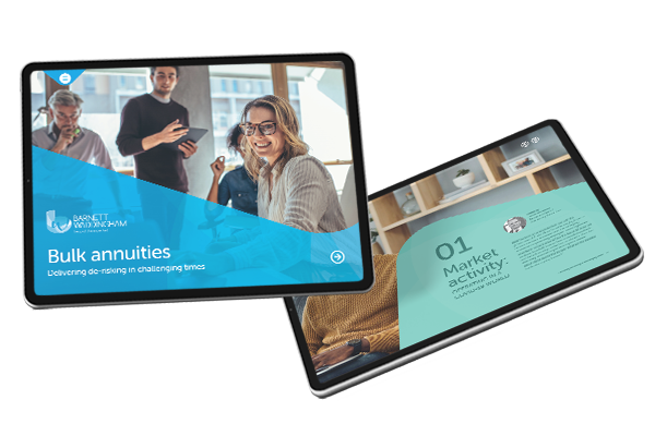 Two tablets display presentations. One features a smiling woman and the title "Bulk annuities," while the other shows a page labeled "01 Market activity." People are engaged in conversation nearby.