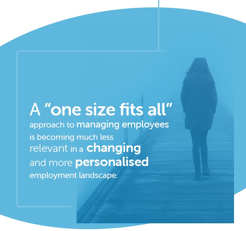 A figure stands on a foggy path, text overlays suggest that a uniform approach to managing employees is becoming less effective in a dynamic employment context.