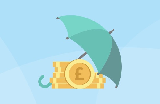 A green umbrella is positioned above a stack of gold coins topped with a pound symbol, suggesting protection of finances, set against a light blue background with soft curves.