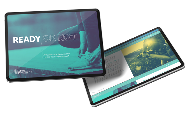 A digital tablet displays a presentation titled "READY OR NOT," featuring a person’s legs in athletic gear and text discussing pension schemes and next steps, set against a dynamic blue and green background.