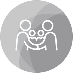 Two stylized human figures hold a baby, symbolizing family. The figures are outlined in white against a circular gray background, suggesting a nurturing context.