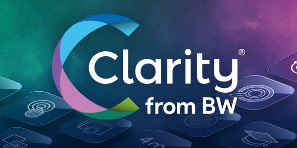A colorful logo features the word "Clarity" prominently, accompanied by "from BW." The background showcases abstract, vibrant graphics reminiscent of a digital interface or technology theme.