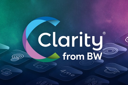 A colorful logo features the word "Clarity" prominently, accompanied by "from BW." The background showcases abstract, vibrant graphics reminiscent of a digital interface or technology theme.