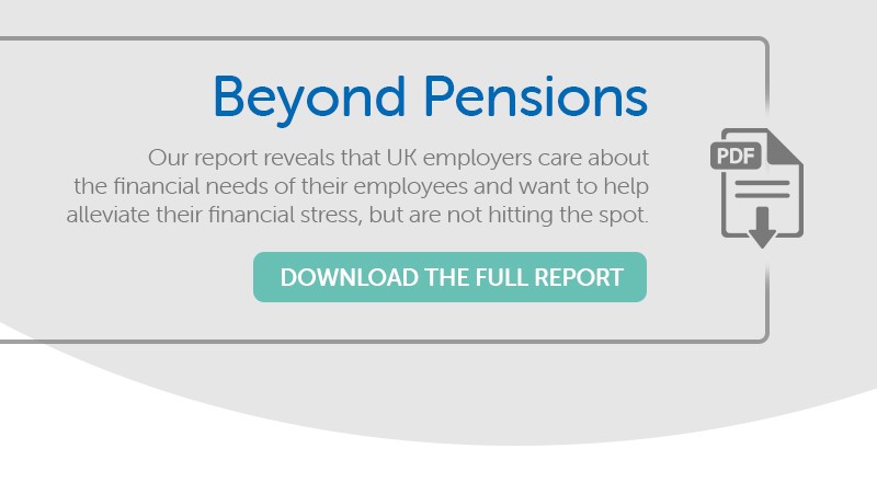 A digital report titled "Beyond Pensions" is showcased, revealing insights about UK employers' efforts to address employee financial needs. A button prompts users to download the full report as a PDF.