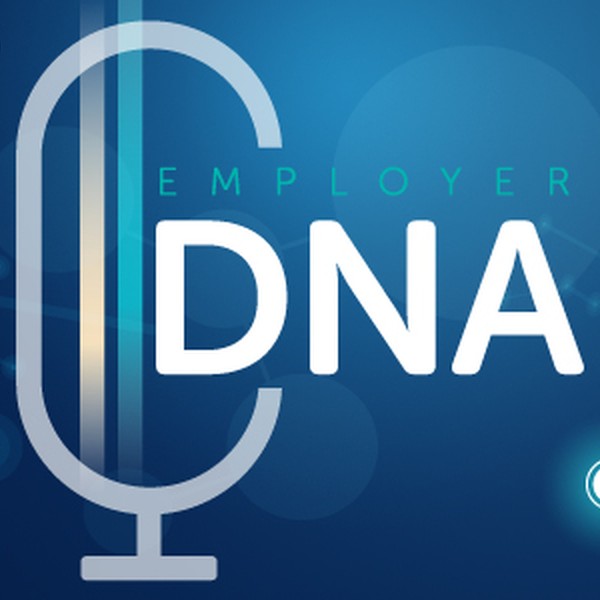 A stylized microphone icon labeled "EMPLOYER DNA" is centrally positioned against a blue background. Surrounding it are abstract molecular graphics, conveying a theme of data and analysis in a modern context.