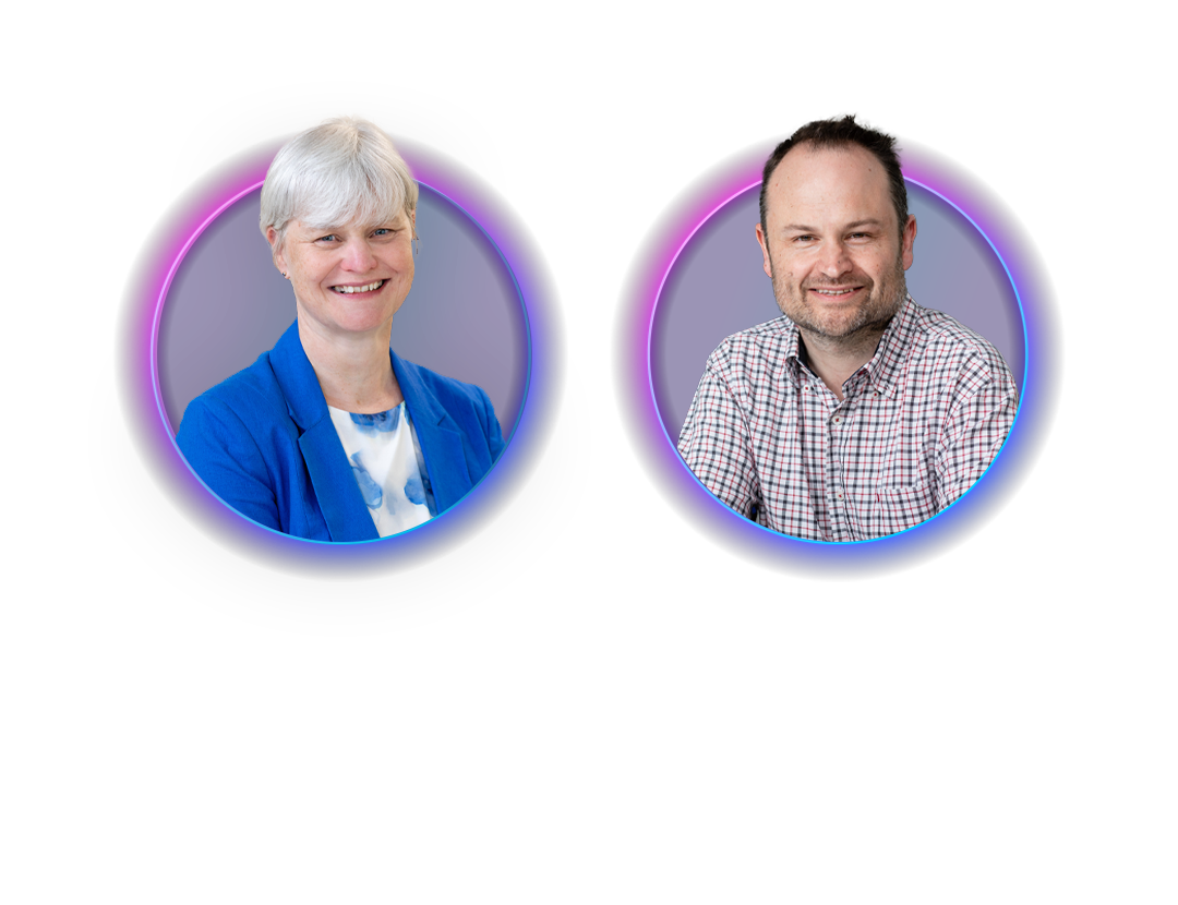 Two professional headshots are displayed side by side. One features a woman with short white hair, smiling, wearing a blue blazer. The other shows a man with short hair, smiling, in a checked shirt. Text identifies them: "Ruth Thomas, Partner and Head of 