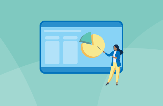 A person in a blue jacket and yellow pants points at a chart on a digital screen, which displays a pie chart and data fields, set against a soft, abstract background.