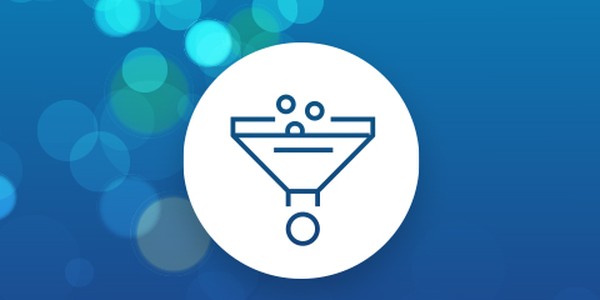 A funnel icon is centered within a white circle, surrounded by a soft blue background with blurred, colorful light bokeh. The funnel suggests filtration or sorting actions.