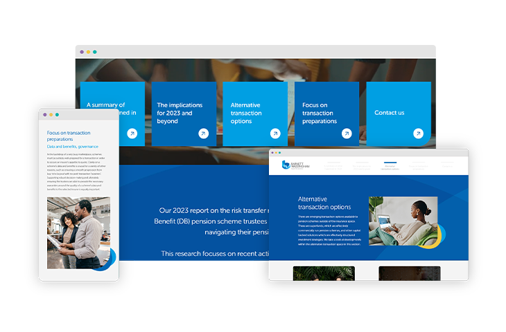 Webpage designs are displayed, showcasing multiple sections with headings like "Focus on transaction preparations." A text box presents information about a report on pension scheme trustees and transaction options.