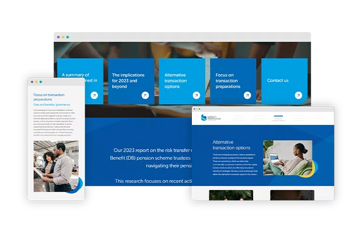Webpage designs are displayed, showcasing multiple sections with headings like "Focus on transaction preparations." A text box presents information about a report on pension scheme trustees and transaction options.