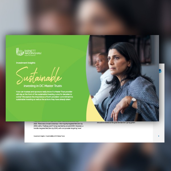 A woman gazes thoughtfully while seated, wearing a patterned sweater. In the background, another person appears engaged in conversation. The setting suggests a professional environment focused on sustainable investment insights. 

Text includes: “Sustaina