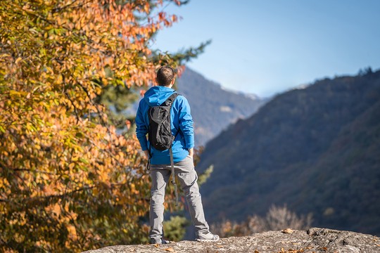 A person stands on a large rock, gazing at distant mountains. They wear a blue jacket and a black backpack, surrounded by autumn foliage and a clear blue sky.