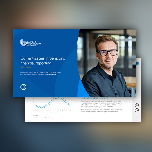A professional-looking document displays a portrait of a man wearing glasses, alongside graphs and financial reporting text. The context includes a modern office background with soft lighting. Text on the document reads: 

"Current issues in pensions fina