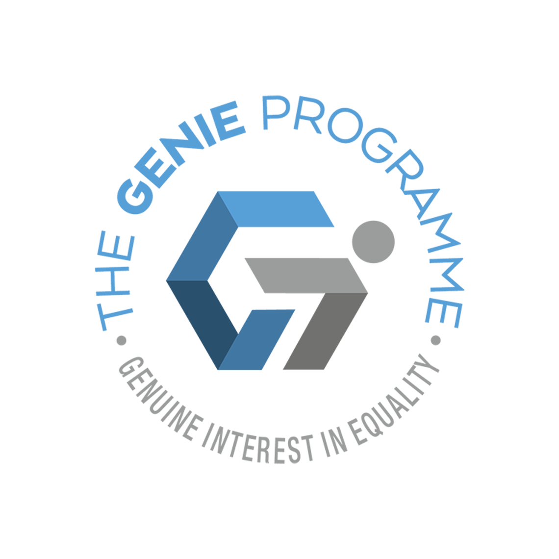 A circular logo features stylized geometric shapes forming a "G" and a figure. The text reads: "THE GENIE PROGRAMME. GENUINE INTEREST IN EQUALITY." The design is simple and professional.