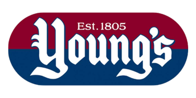 A logo displays "Young's" prominently in white script on a red and blue background, with "Est. 1805" above it, conveying a sense of tradition and heritage.