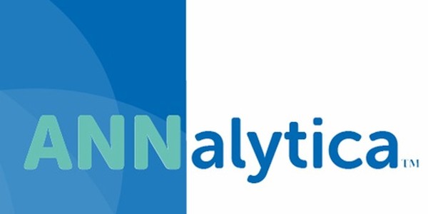 A logo features the text "ANNalytica™," with "ANN" in a light green color and "alytica" in blue. The background is divided into two sections: one in a lighter blue shade and the other in white.