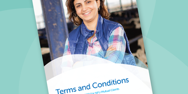 A woman wearing a blue vest smiles while standing in a barn-like environment. The cover text reads "Terms and Conditions" with a logo for NFU Mutual at the bottom.