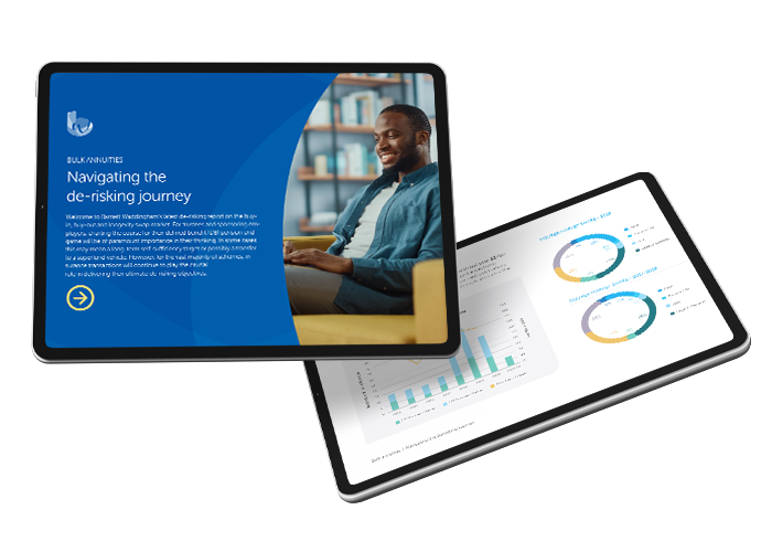 A digital tablet displays a report titled "Navigating the de-risking journey." A man sits nearby, smiling, in a well-lit room with bookshelves, indicating a reflective setting.